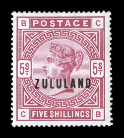 S.G. 11, 1892 5- Rose, excellent centering, deep intense color, o.g., certificate states central ink mark and top perfs. soiled, both of which are so minute as to be unworthy
of mention, a very fine stamp in our opinion signed H. Bloch and acc