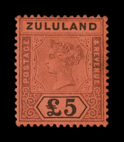 S.G. 29, 1894 £5 Purple and black on red, fairly strong colors, slightly disturbed o.g., light gum crease, treated to remove staining at right, fine appearance a reasonably
attractive and collectable example of this key rarity 2008 BPA certifi