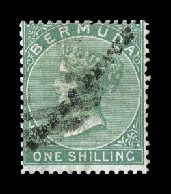 S.G. 13, 1874 Three Pence surcharge Ty. 6 on 1- Green, a seldom seen fault-free used example, rich color, unusually light cancel, fine 2008 BPA certificate (Scott 12
$975.00).