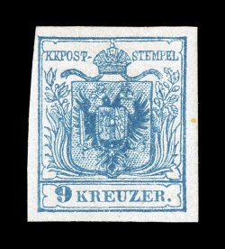 5e, 1854 9k Blue, machine paper, large to very large margins all around, exceptionally fresh, full original gum, very fine signed Friedl, Raybaudi and E. Diena, as well as
accompanied by a 1984 Ferchenbauer certificate (Michel 5Y Ç900).