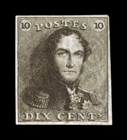 1, 1849 10c Brown, a highly select mint example of the first stamp of Belgium, four large margins, deep rich color and a sharp detailed impression, full original gum, lightly
hinged, very fine and choice a rare stamp in this premium original gu