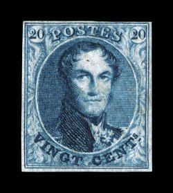 4, 1850 20c Blue, a very scarce mint example, strikingly deep color and a superbly detailed impression, ample to large margins all around, full original gum, very fine 1989
Godu certificate (Michel 4A Ç2,000).