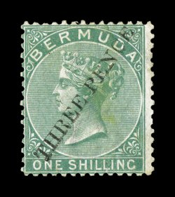 S.G. 14, 1874 Three Pence surcharge Ty. 7 on 1- Green, unused, strong fresh color, faint crease, certificate states stained which is quite unobtrusive, fine appearance signed H.
Bloch and accompanied by a 2008 BPA certificate (Scott 10 $1,