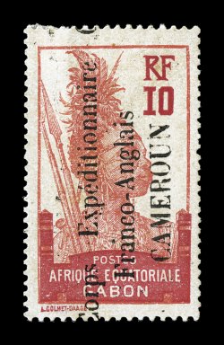 105A, 1915 10c Red and carmine, with Corps ExpeditionannaireFranco-AnglaisCameroun overprint, exceptionally well centered, strong colors, typical tropicalized o.g., a very fine
example of this immensely rare stamp that is missing from even t