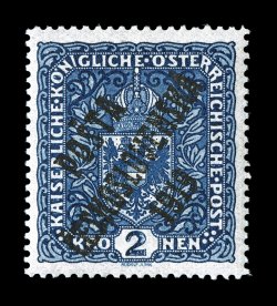 B18a, 1919 2K Dark blue type II with PostaCeskoslovenska1919 overprint, a marvelously choice mint example of this rare stamp, beautifully centered, rich luxuriant color and a
deeply etched impression, fresh o.g., lightly hinged, extremely fi