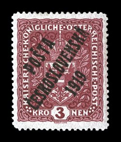 B19a, 1919 3K Claret type II with PostaCeskoslovenska1919 overprint, exceedingly well centered, lovely rich color, o.g., lightly hinged, extremely fine a rare stamp, especially
in this impressive quality signed H. Bloch and accompanied by