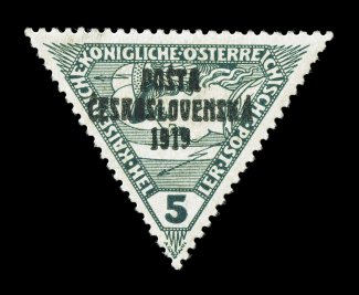 B33, 5h Deep green on yellow with PostaCeskoslovenska1919 overprint, exceptionally well centered, strong rich color, o.g., very fine signed several times and accompanied by a
1962 Friedl certificate (Michel 68 Ç1,300).