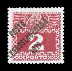 B40, 1919 2h carmine with PostaCeskoslovenska1919 overprint, well centered, fresh color, o.g., lightly hinged, very fine one of the key rarities of the Czechoslovakia
semi-postals, with only 75 examples printed signed many times and ac