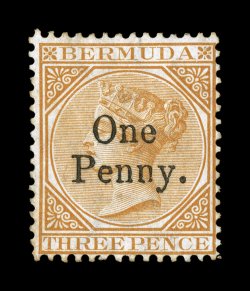 S.G. 16, 1875 OnePenny. surcharge on 3p Yellow buff, unused, rich color, regummed, fine 2008 BPA certificate (Scott 14 $550.00).