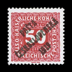 B54, 1919 50h Rose red with PostaCeskoslovenska1919 overprint, especially bright and fresh, well centered, o.g., lightly hinged, very fine the key stamp to the set, with only
575 issued signed several times and accompanied by a 1986 PF cer
