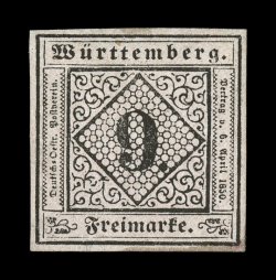 5, 1851 9kr Black on rose, an impressive mint example, possessing four large even margins, fresh color and a strong impression, large part o.g., extremely fine a select quality
copy of one of the rarest mint stamps of Wurttemberg 1995 Thoma ce