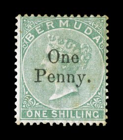 S.G. 17, 1875 OnePenny. surcharge on 1- Green, unused, slight toning on the reverse only, fine signed H. Bloch and accompanied by a 2008 BPA certificate (Scott 15
$625.00).