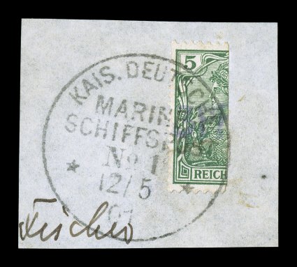 65B, 1901 3PF handstamp on half of 5pf Vineta provisional, remarkably, the Sovereign collection contains a third example of the Vineta provisional, this being a used copy tied
to piece by complete strike of a MarineShiffspostNo 1 12501