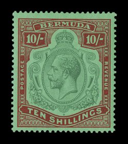 S.G. 92e, 1924 10- Green and red on pale emerald, break in lines below left scroll, handsome example of this scarce variety, deep colors, o.g., lightly hinged, very fine (Scott
96 var.).