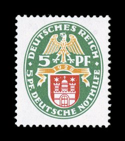 B23 var., 1928 5pf + 5pf Hamburg semi-postal, vertical watermark, well centered, bright and fresh, o.g., never hinged, very fine an incredibly rare watermark variety signed
several times including Ebel and Buhler (Michel 425X).