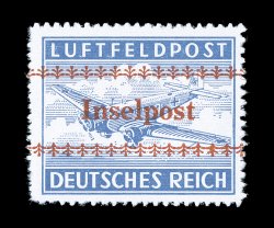Michel 7B, 1944 Inselpost horizontal red overprint on Gray blue air feldpost stamp, rouletted, an exceedingly fresh and choice example of this rare stamp, with only a tiny
number of the rouletted stamps possessing this overprint, well centered
