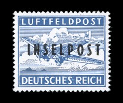 Michel 8A, 1944 Inselpost horizontal overprint on Violet ultramarine air feldpost stamp, perforated, a desirable mint example of this key Feldpost rarity, being incredibly well
centered, brilliantly fresh color, o.g., there is some small gum l