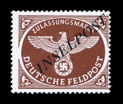 Michel 10Aa, 1944 INSELPOST diagonal overprint in blue black on Bright red brown feldpost stamp, perforated, bright and fresh, o.g., lightly hinged, a fine example of this
rarely offered stamp signed Pickenpack BPP.