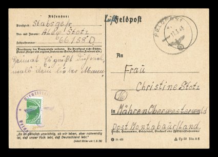 Michel 16, 1945 Green feldpost stamp bisected, properly tied to card by violet Feldpost cancel, with 17.3.45 Feldpost c.d.s. at top right, very fine a handsome example of this
very scarce usage signed Van Loo BPP and accompanied by a 1982 GPS