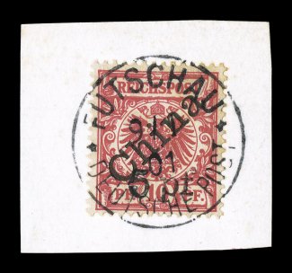 16a, 1898 5 pf on 10pf Carmine Foochow provisional, China 45 degree overprint, tied to piece by complete strike of Futschau Deutsche Post 9.1.01 c.d.s., stamp with bright color
and full perforations, very fine signed Holcombe and accompan