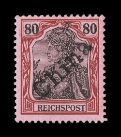 23, 1900 80pf Lake and black, Tientsin provisional handstamped China, this stamp also happens to display the warped 0 in left 80 variety (Michel 62IV for the basic 80pf stamp)
which occurs only once on the sheet, deep intense colors and imp