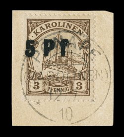 20, 1910 5Pf provisional surcharge on 3pf Brown, tied to piece by full strike of Ponape 12.7.10 c.d.s., fresh color, full perforations, very fine an extremely rare provisional
that is only known used signed Kohler and accompanied by a 1984