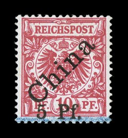 6, 1900 5 Pf. Surcharge on 10pf Carmine, type 2 surcharge, strong rich color, full o.g., lightly hinged, overall a very fine example of this elusive stamp 1964 Pfenninger and
1981 Bothe certificates (Michel 2 Ç2,000).