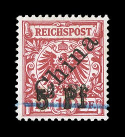 9, 1900 5 Pf additional handstamp on 5pf on 10pf Carmine, a select quality example of this terribly rare stamp, exceedingly well centered, bright color, full o.g., small h.r.,
very fine only 200 examples were produced and only a small numbe
