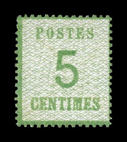 N11, 1870 5c Yellow green, with network points down, bright color, full o.g., lightly hinged, fine an exceptionally fresh example of this rare and key stamp 1992 J.F. Brun
certificate (Michel 4II Ç2,800).