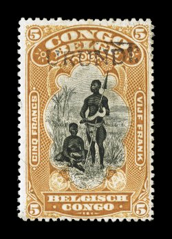 N16, 1916 5Fr Ocher and black, with URUNDI handstamp, position 26, deep rich colors, attractively centered, slightly tropicalized o.g., short perf. at top, nonetheless a very
fine example of this rarely offered stamp 1988 Jean Baete certifica