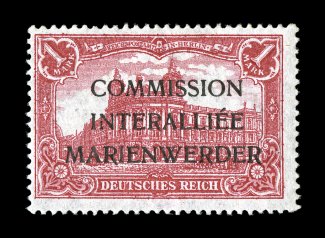 Michel 21IIa, 1920 1M Red with large black CommissionInteralliéeMarienwerder overprint, fresh mint example of this very rare overprint type, deep intense color and impression,
o.g., lightly hinged, fine signed Richter and accompanied by a 1