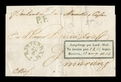 J2, 1845 Koper postage due label, on 1846 folded cover, label with ms. 2.16 and 13 aug 1846, cover with ms. endorsement Overland Mail via Marseilles, Ceylon at top, Rotterdam
c.d.s. and P.P., stamp with full margins all around, faint h