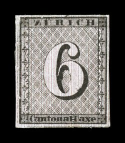 1L2, 1843 6r Black Zurich cantonal, vertical red lines, position 70, four large margins, strong color and a finely detailed impression, full original gum, which is almost never
encountered on any cantonal stamp, light vertical gum crease, ot