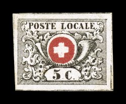 2L6, 1850 5c Black and red Geneva cantonal, large margins contain full frame lines all around except at the bottom of the left margin, rich colors and crisp detailed
impressions, large part original gum (any original gum on a cantonal stamp is r