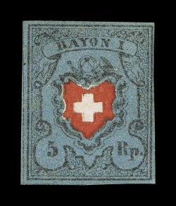 5, 1850 5r Black and red on dark blue, with frame around cross, rare unused example of this classic stamp, without gum as are nearly all examples of this issue, large margins
all around, strong colors on deeply blued paper, very fine 1989 Renon