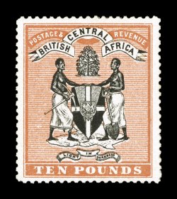 S.G. 30, 1895 £10 Black and orange vermilion Coat of Arms, a most attractive unused example of this high denomination rarity, possessing deep vibrant colors and strong intense
impressions, well centered within large margins, regummed, very fine