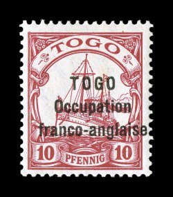 166, 1915 10pf Carmine, with TOGOOccupationfranco-anglaise overprint, exceptionally bright and fresh, well centered, o.g., relatively lightly hinged, very fine signed Bothe
(Michel 10 Ç1,000).
