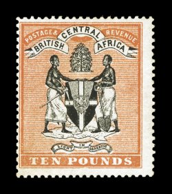 S.G. 41, 1896 £10 Black and orange Coat of Arms, a rarely seen sound mint example of this elusive value, possessing deep intense colors and completely intact perforations (these
high values were often scissor separated), o.g., mild h.r., fine 2