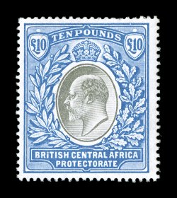 S.G. 67, 1903-04 £10 Grey and blue, very scarce unused example, bright fresh colors, well centered, regummed, pressed out creases, very fine appearance 2008 BPA certificate
(Scott 69 $5,600.00).