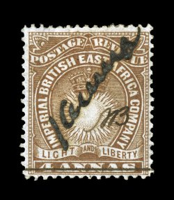 S.G. 26, 1891 1 Anna Mombasa provisional manuscript surcharge on 4a Brown, initialed A.B, an exceedingly rare mint copy, rich luxuriant color, part o.g. (certificate states
traces of o.g.), very fine 1987 RPS and 2008 BPA certificates (Scot