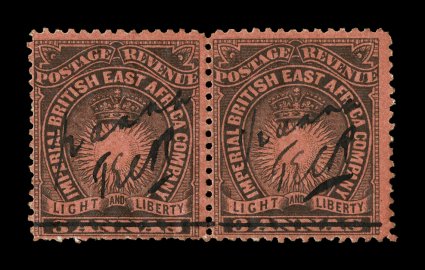 S.G. 31, 1895 12 anna Mombasa provisional manuscript surcharge on 3a Black on dull red, initialed T.E.R.C., horizontal pair, o.g., right stamp with trivial gum bend, fine any
multiple of the provisional surcharges is quite scarce clear 20