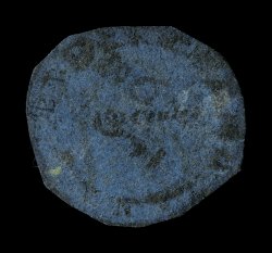 S.G. 5, 1850 12c Blue Cotton Reel, a highly collectable example of this rare classic issue, cut round as usual, a few small adherences on the face (which were there when the
certificate was issued in 1914), but lacking the rubbing and surface fl