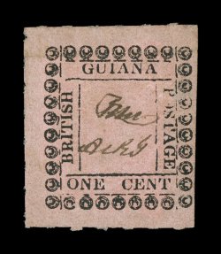 S.G. 117, 1862 1c Rose, rare unused example, roulettes on three sides, strong paper color, large adherence on the back, small thin spot, fine appearance 1997 Rendon certificate
(Scott 36 $4,250.00).