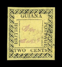 S.G. 119, 1862 2c Black on yellow, unused, bright paper color, large adherence on back, small light surface rubbing, fine appearance 1997 Rendon certificate (Scott 38
$3,300.00).