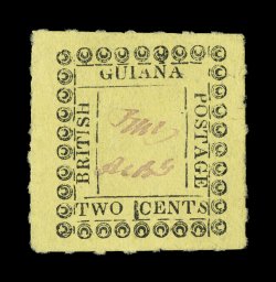 S.G. 120d, 1862 2c Black on yellow, with italic S, a fabulous unused example, with complete roulettes all around (a very rare trait on this issue), bright and fresh, well
centered, extremely fine any unused example of 120 is rare, but to fin