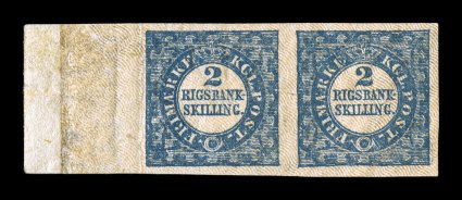 1, 1852 2rs Blue, Thiele printing, plate I, positions 81-82, types 7-8, the magnificent mint left sheet-margin horizontal pair, fabulously bright and fresh, prooflike color
and impression on crisp paper, in addition to the impressive sheet margi
