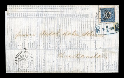 1, 1852 2rs Blue, Thiele printing, plate I, position 49, type 9, select single with four large to mostly huge margins, plus its color is especially deep and intense, tied to
handsome folded printed matter letter sheet by black mute target cancel