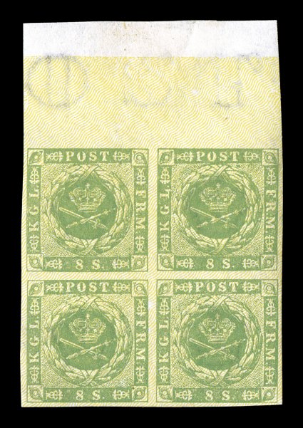 5, 1857 8s Green, a lovely top-sheet margin mint block of four, brilliantly fresh and crisp overall, radiant color and a prooflike impression, large even margins all around
and showing a complete sheet margin at top (negligible paper split in th