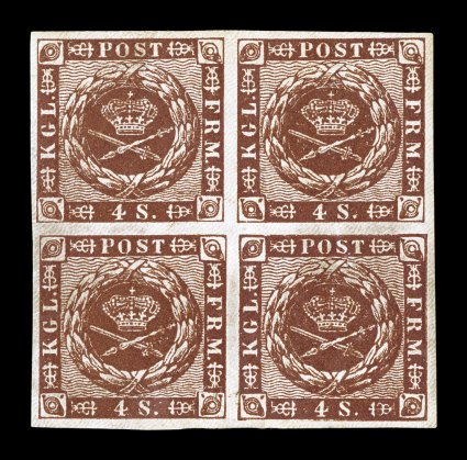 7b, 1862 4s Brown, plate VI, positions 13-1423-24, an exceedingly handsome and scarce mint block of four, large balanced margins all around, deep luxuriant color, o.g.,
lightly hinged, minor natural horizontal gum crease between the stamps, ext