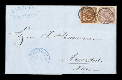 9, 10, 1863 4s Brown and 16s Violet, rouletted 11, each marvelously well centered and with deep rich colors, together paying the 20s rate to Norway on an immaculate 1863
folded letter to Arendal, both stamps tied by central numeral 1 targe
